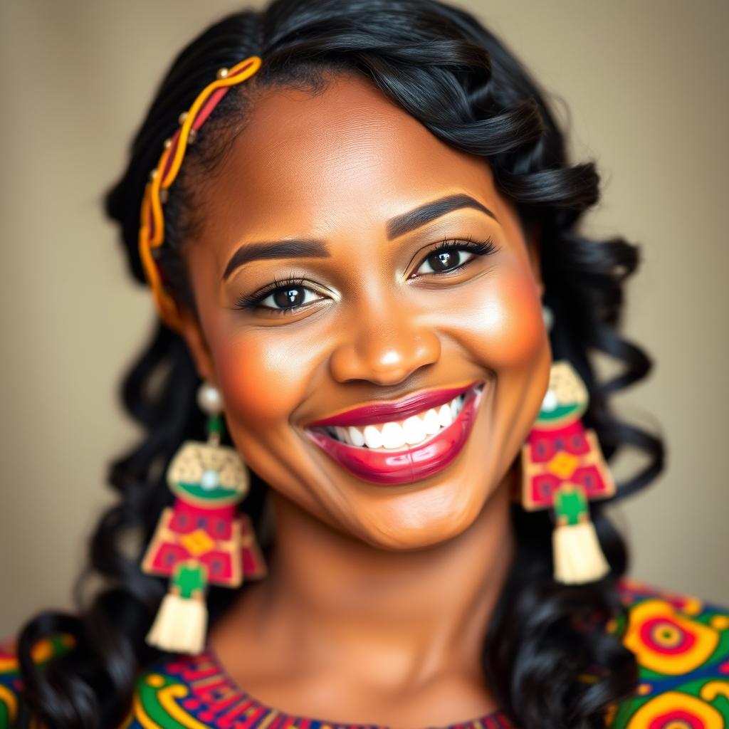 A portrait of a Nigerian woman with a radiant smile, featuring warm brown skin tones and a joyful expression