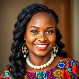A portrait of a Nigerian woman with a radiant smile, featuring warm brown skin tones and a joyful expression