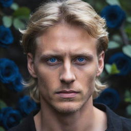 A striking blonde man with rugged, bark blonde hair and deep blue eyes, enshrined within an ethereal grove of haunting black roses