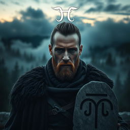 A dark and realistic portrayal of a man symbolizing the Gemini zodiac sign, characterized by a duality in his expression, conveying both intelligence and mystery