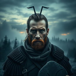 A dark and realistic portrayal of a man symbolizing the Gemini zodiac sign, characterized by a duality in his expression, conveying both intelligence and mystery