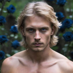 A striking blonde man with rugged, bark blonde hair and deep blue eyes, enshrined within an ethereal grove of haunting black roses