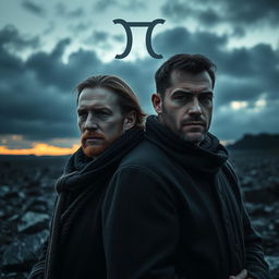 A dark and realistic portrayal of two men representing the Gemini zodiac sign, embodying the duality and complexity of their personalities