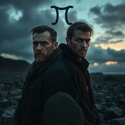 A dark and realistic portrayal of two men representing the Gemini zodiac sign, embodying the duality and complexity of their personalities
