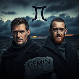 A dark and realistic portrayal of two men representing the Gemini zodiac sign, embodying the duality and complexity of their personalities