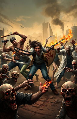 A fierce battle scene featuring five diverse characters fighting against a horde of zombies in a post-apocalyptic setting