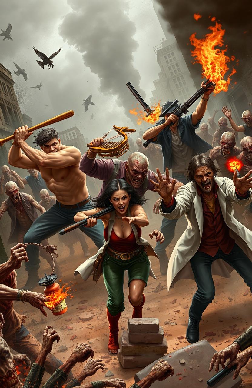 A fierce battle scene featuring five diverse characters fighting against a horde of zombies in a post-apocalyptic setting