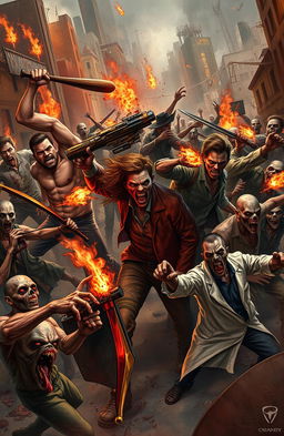 A fierce battle scene featuring five diverse characters fighting against a horde of zombies in a post-apocalyptic setting