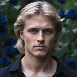 A striking blonde man with rugged, bark blonde hair and deep blue eyes, enshrined within an ethereal grove of haunting black roses