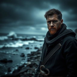 A dark and realistic portrayal of a man representing the Cancer zodiac sign, embodying a sense of introspection and emotional depth