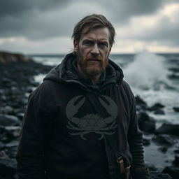A dark and realistic portrayal of a man representing the Cancer zodiac sign, embodying a sense of introspection and emotional depth