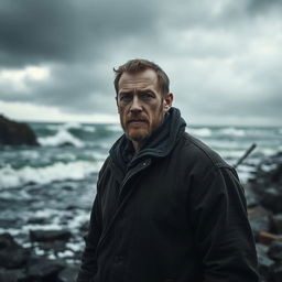 A dark and realistic portrayal of a man representing the Cancer zodiac sign, embodying a sense of introspection and emotional depth