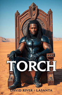 A dark-skinned man with long curly hair, sitting in a dirty, rusty throne in the middle of a vast desert