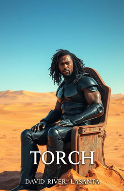 A dark-skinned man with long curly hair, sitting in a dirty, rusty throne in the middle of a vast desert