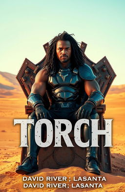 A dark-skinned man with long curly hair, sitting in a dirty, rusty throne in the middle of a vast desert