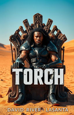 A dark-skinned man with long curly hair, sitting in a dirty, rusty throne in the middle of a vast desert