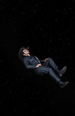 A serene scene of a man floating gracefully in a vast black universe, surrounded by twinkling stars and distant galaxies