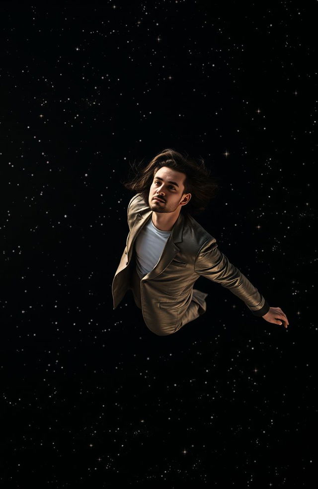 A serene scene of a man floating gracefully in a vast black universe, surrounded by twinkling stars and distant galaxies