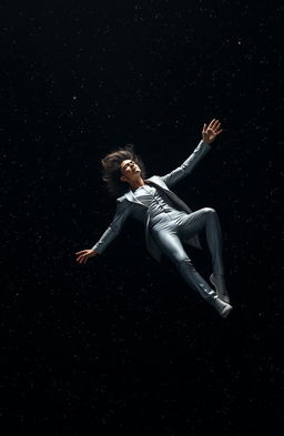 A serene scene of a man floating gracefully in a vast black universe, surrounded by twinkling stars and distant galaxies