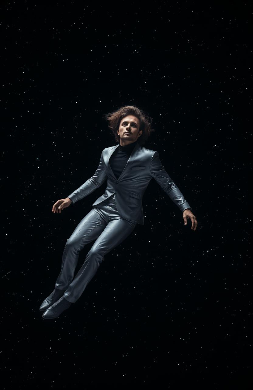 A serene scene of a man floating gracefully in a vast black universe, surrounded by twinkling stars and distant galaxies