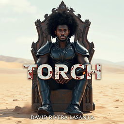 A dark-skinned man with puffy, curly hair, sitting in a dirty, rusty throne in the middle of a vast desert