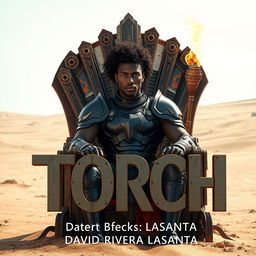 A dark-skinned man with puffy, curly hair, sitting in a dirty, rusty throne in the middle of a vast desert