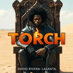 A dark-skinned man with puffy, curly hair, sitting in a dirty, rusty throne in the middle of a vast desert