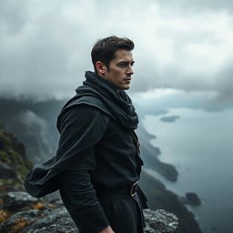 A dark and realistic representation of a man embodying the Libra zodiac sign, exuding an air of balance and contemplation