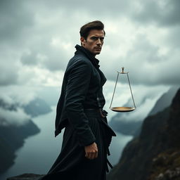 A dark and realistic representation of a man embodying the Libra zodiac sign, exuding an air of balance and contemplation
