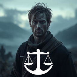 A dark and realistic portrayal of a man symbolizing the Libra zodiac sign, featuring an aura of balance and introspection