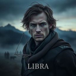 A dark and realistic portrayal of a man symbolizing the Libra zodiac sign, featuring an aura of balance and introspection