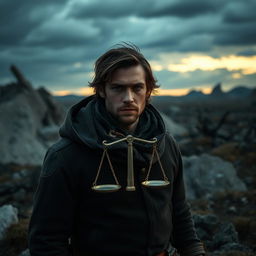 A dark and realistic portrayal of a man symbolizing the Libra zodiac sign, embodying themes of balance and introspection