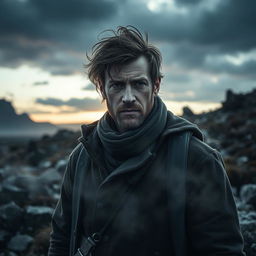 A dark and realistic portrayal of a man symbolizing the Libra zodiac sign, embodying themes of balance and introspection
