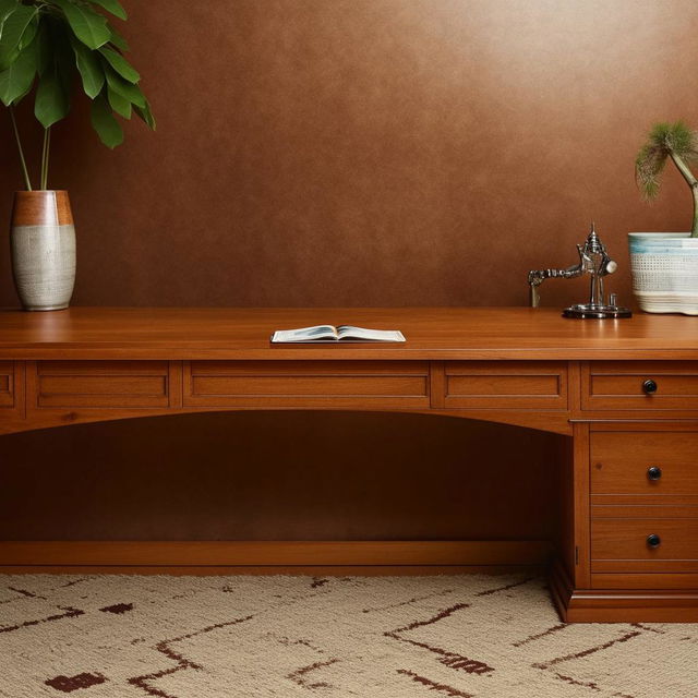 A home desk with a length of six feet, beautifully crafted with plenty of space for work and decoration.