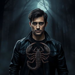 A dark and realistic depiction of a man personifying the Scorpio zodiac sign, characterized by intensity and mystery
