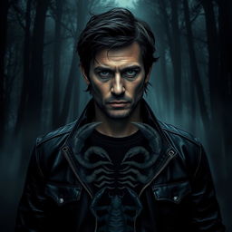 A dark and realistic depiction of a man personifying the Scorpio zodiac sign, characterized by intensity and mystery