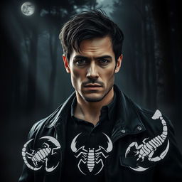 A dark and realistic depiction of a man personifying the Scorpio zodiac sign, characterized by intensity and mystery