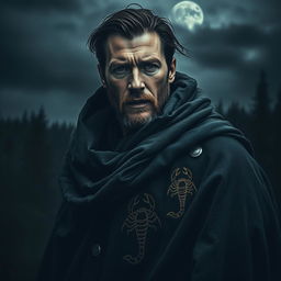 A dark and realistic portrayal of a rugged man embodying the essence of the Scorpio zodiac sign