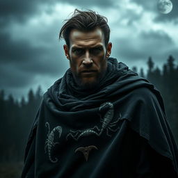 A dark and realistic portrayal of a rugged man embodying the essence of the Scorpio zodiac sign