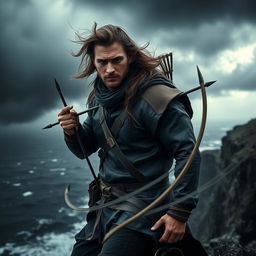 A dark and realistic representation of a man embodying the Sagittarius zodiac sign, characterized by a sense of freedom and adventure