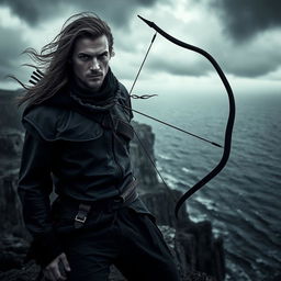 A dark and realistic representation of a man embodying the Sagittarius zodiac sign, characterized by a sense of freedom and adventure
