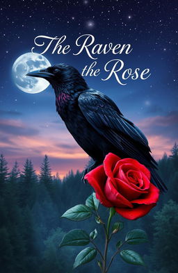 A mystical and romantic landscape featuring a dark raven perched upon a blooming rose, set against a twilight sky filled with stars