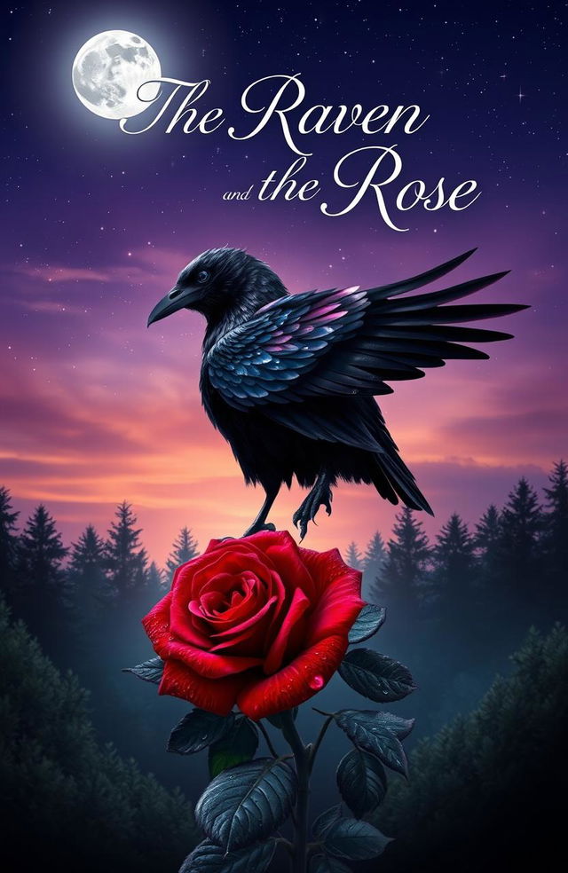 A mystical and romantic landscape featuring a dark raven perched upon a blooming rose, set against a twilight sky filled with stars