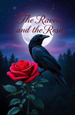A mystical and romantic landscape featuring a dark raven perched upon a blooming rose, set against a twilight sky filled with stars