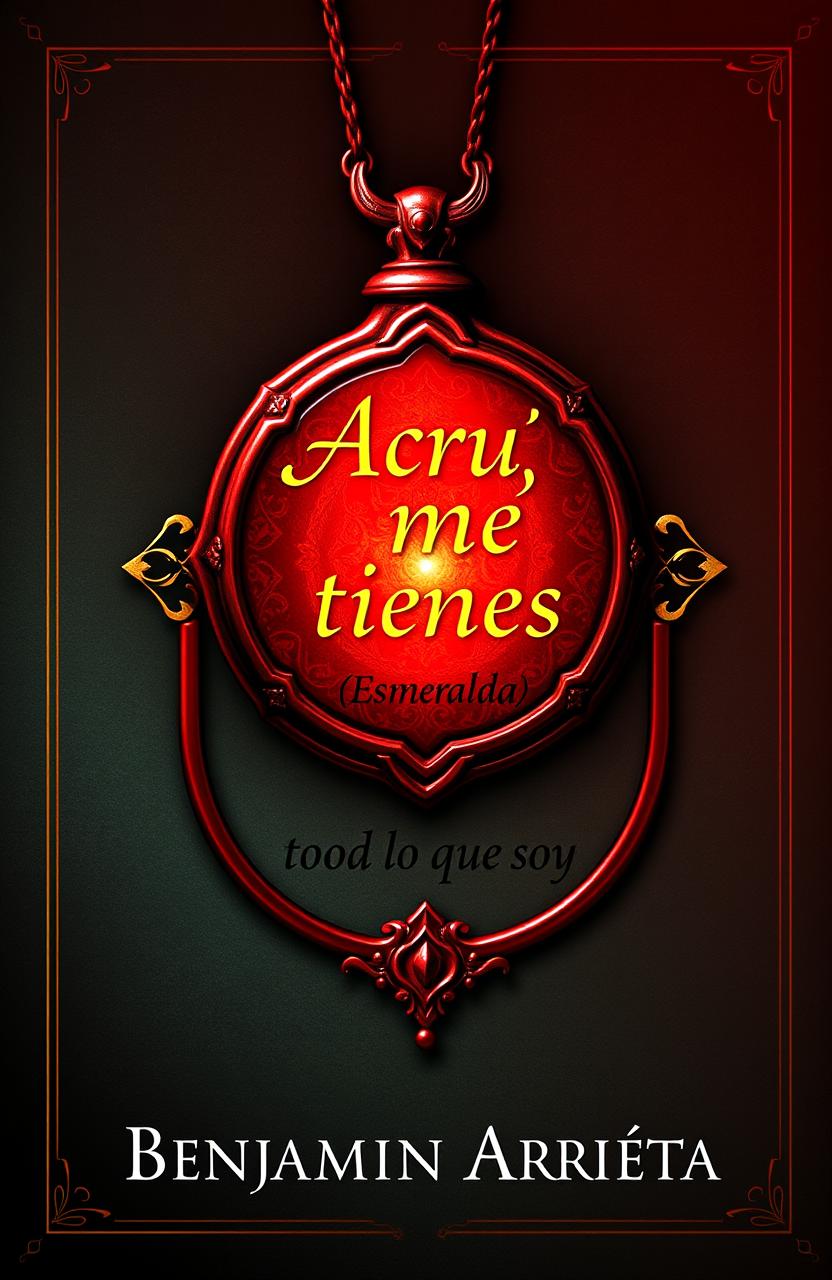 A book cover design featuring the title 'Aquí me tienes' with the subtitle '(Esmeralda)' artistically integrated inside a striking red amulet