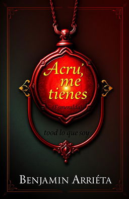 A book cover design featuring the title 'Aquí me tienes' with the subtitle '(Esmeralda)' artistically integrated inside a striking red amulet