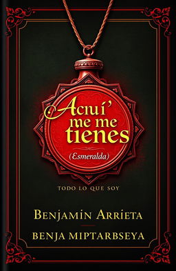 A book cover design featuring the title 'Aquí me tienes' with the subtitle '(Esmeralda)' artistically integrated inside a striking red amulet