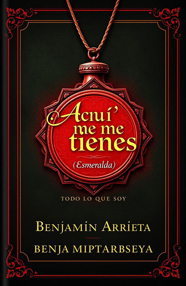 A book cover design featuring the title 'Aquí me tienes' with the subtitle '(Esmeralda)' artistically integrated inside a striking red amulet