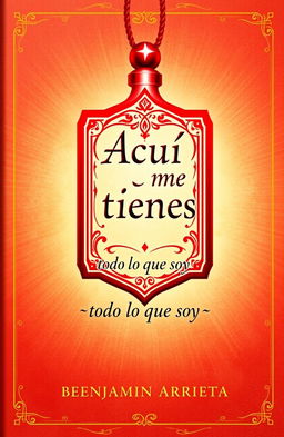 A book cover design featuring the title 'Aquí me tienes' with the subtitle '(Esmeralda)' artistically integrated inside a striking red amulet