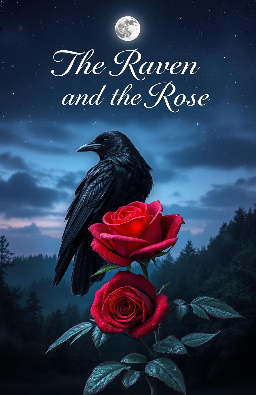 A mystical and romantic landscape featuring a dark raven perched upon a blooming rose, set against a twilight sky filled with stars